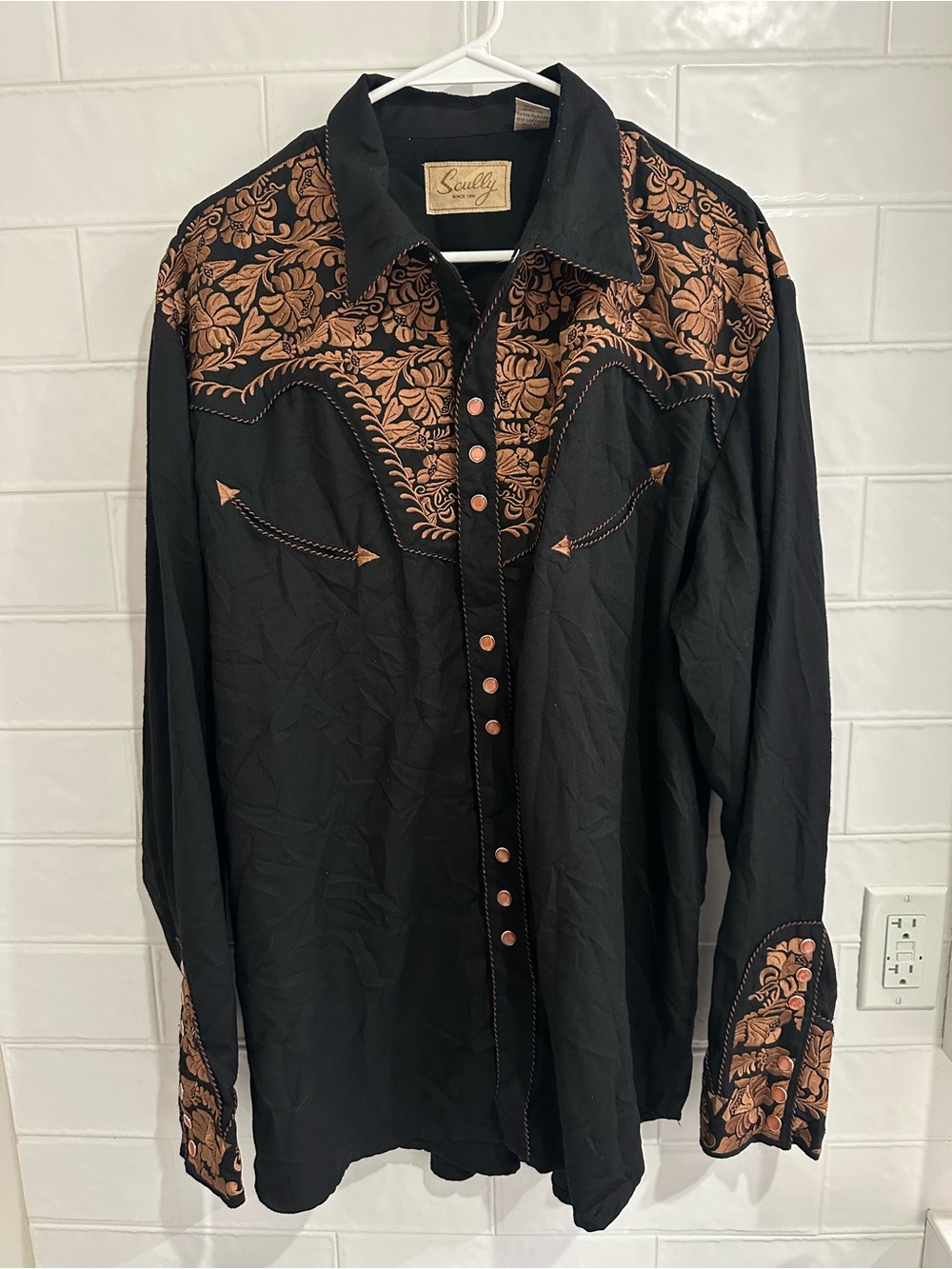 Men’s Scully Western Shirt Pearl Snap Size XL Black Embroidered Style P-634
